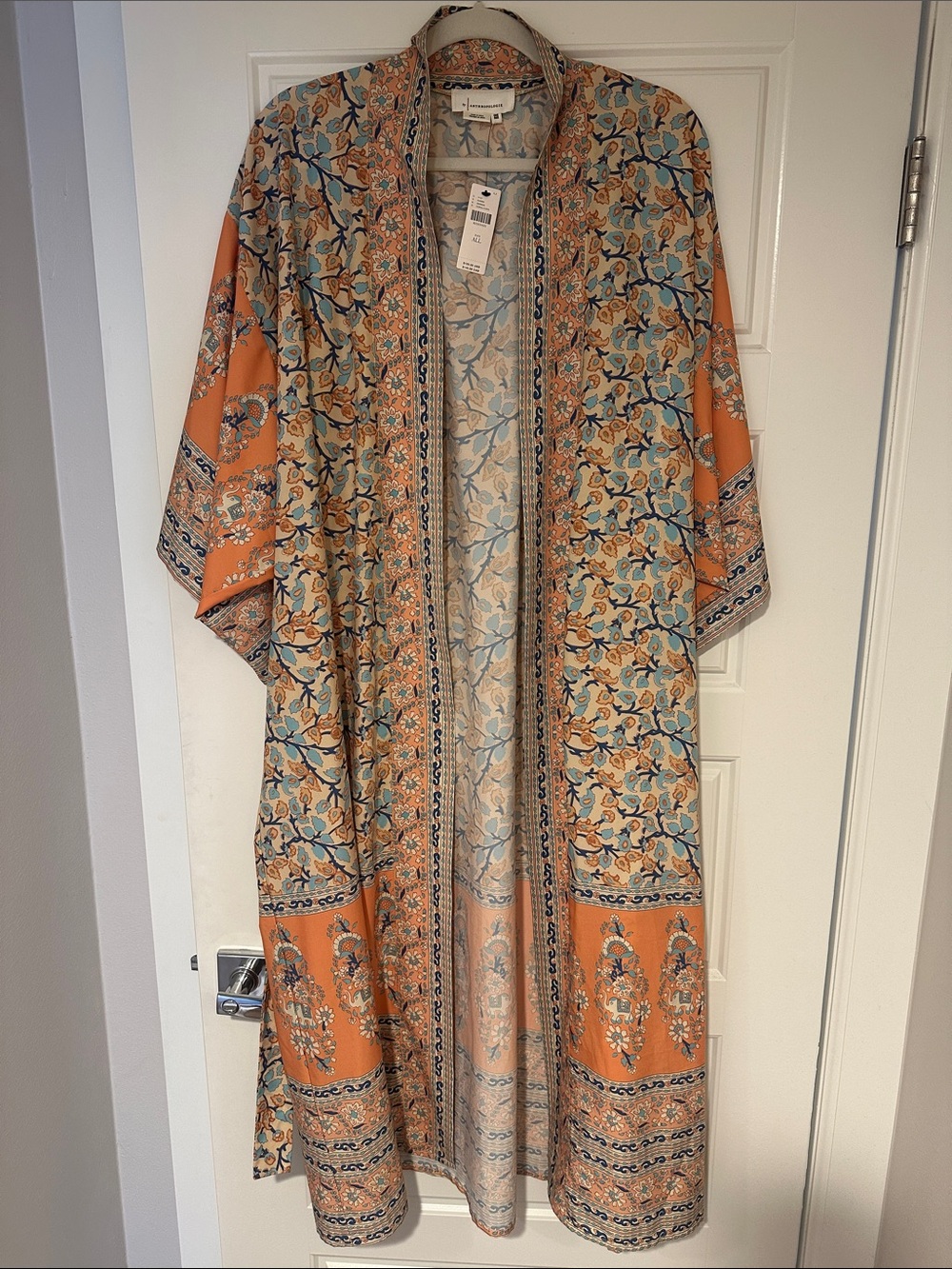 Anthropologie Orange and Light Blue Floral Kimono Robe